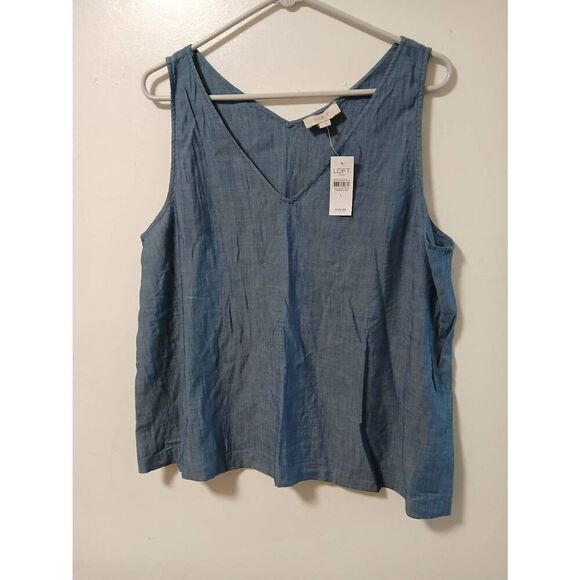 Ann Taylor women large lightweight tank shirt blue cotton viscose thin denim top - Picture 2 of 6